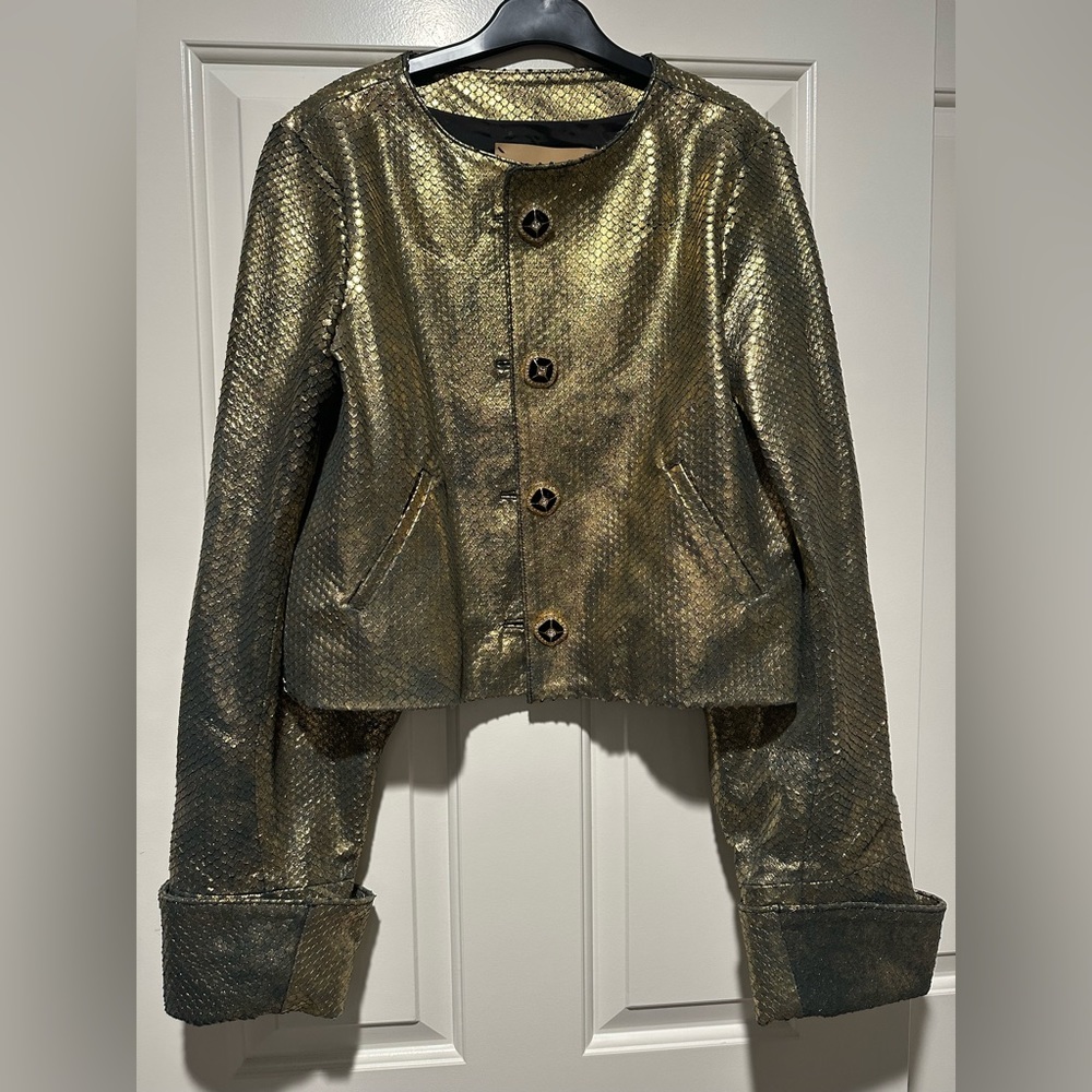 NWT Designer KUZYK Mick Gold Snake Embossed Calfskin Leather Jacket Sz LARGE